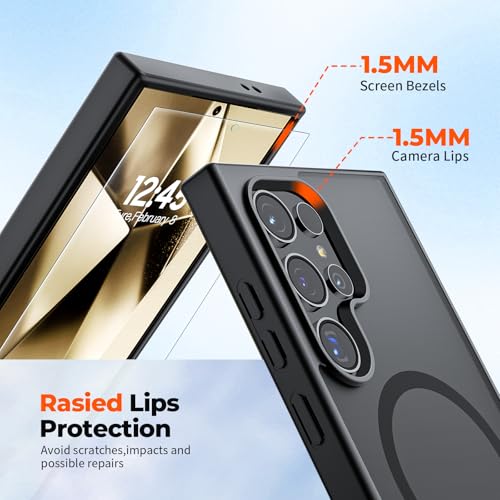 Image of SUPFINE Magnetic for Samsung Galaxy S24 Ultra Case with Screen Protector, (Built-in Magnets) (Military Grade Drop Protection) Slim Translucent Shockproof Phone Case,Black