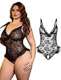 comeondear Lingerie Sexy Femme Ouverte Body Dentelle Dos Nu Grande Taille Tenue Hot sous Vêtements Dessous Décolleté en V Babysuit Chic Top Élégants Teddy Cou V One piece Nuisette Négligé Noir,XL