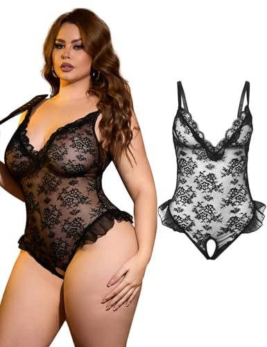 comeondear Babydoll Lingerie Offener Schritt Dessous Damen Sexy Reizwäsche Body Große Größen One Piece Spitze Unterwäsche für Mollige Frauen Spitzenbody Tiefer V-Ausschnitt Teddy(Schwarz,XXL)