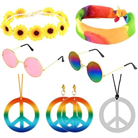 M MUNCASO 7 Pcs Hippie Costume Set Retro Hippie Dressing Accessory with Sunflower Headband, Necklace, Tie Dye Headband, Round Sunglasses and Rainbow Earrings for 60s 70s Theme Parties(7 pcs set) Cover