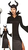 FIESTAS GUIRCA Disfraz de Hada Malévola Mujer - Sombrero de Hada Malvada con Cuernos y Vestido Sexy de Bruja Negra con Abertura en la Pierna - Disfraces de Halloween para Mujer Talla L