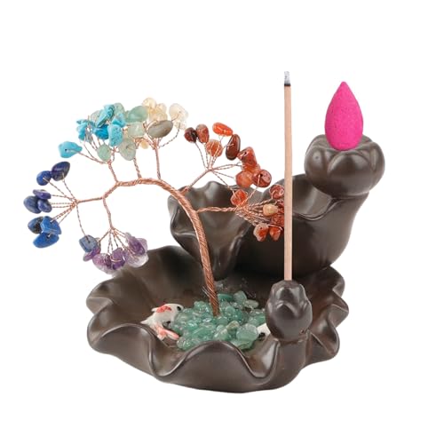 LCUHAVA Quemador de incienso con reflujo con piedras curativas El Árbol de la Vida Cascada de incienso con árbol Feng Shui Decoración Portarruhos, quemador de incienso para varitas de incienso para