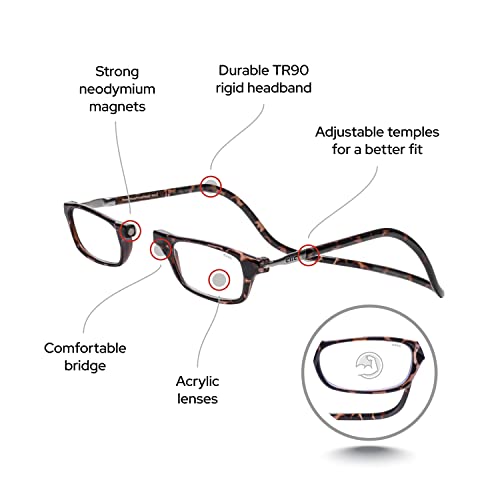 Clic Magnetic Reading Glasses, Computer Readers, Replaceable Lens, Adjustable Temples, Original, (S-M, Tortoise, 2.00 Magnification) #TOP2