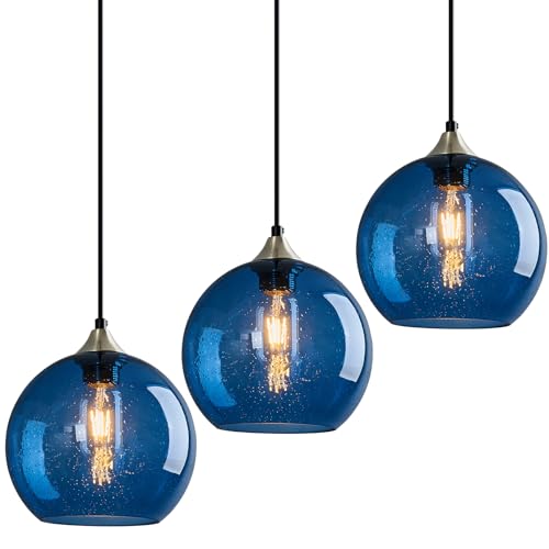 Image of Blue Glass Pendant Lights Kitchen Island Lighting Globe Pendant Light Fixtures Modern Pendant Lighting for Kitchen Island Bedroom Living Dining Room Light Fixture(7.87in, 3-Pack)