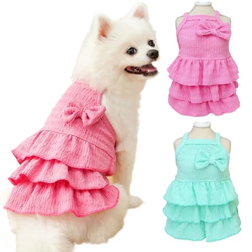 2 Pack Dog Dresses for Small Dogs Girl,Green Pink Girl Dog Clothes Sleeveless with Bow Decor, Cute Summer Cat Dresses for Cats only,Chihuahua Yorkie Clothes for Wedding Birthday (2XL, Sundress)