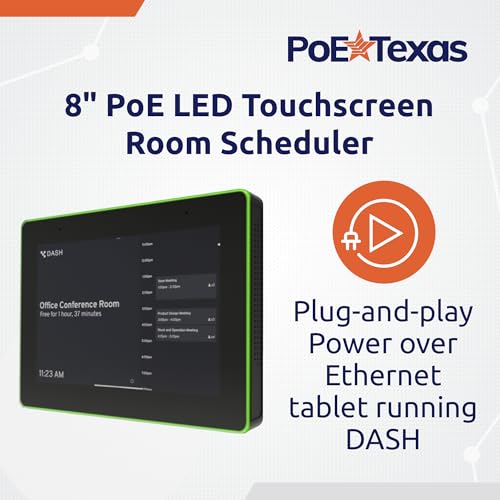 Image of PoE Texas 8 inch Conference Room Scheduler with Color Changing LED Status - PoE Powered Touch Screen Tablet for Meeting Room Booking - Syncs with All Popular Business Calendars - No Subscription Required