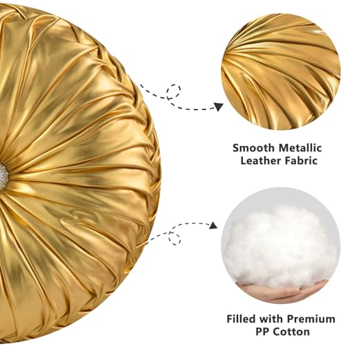 Image of HIG Set of 2 Handcrafted Gold Ruched Round Throw Pillows - 14.5'' Metallic Leather Decorative Pillows with Soft Polyester Filling for Couch, Bed, Living Room, Bedroom, or Dorm