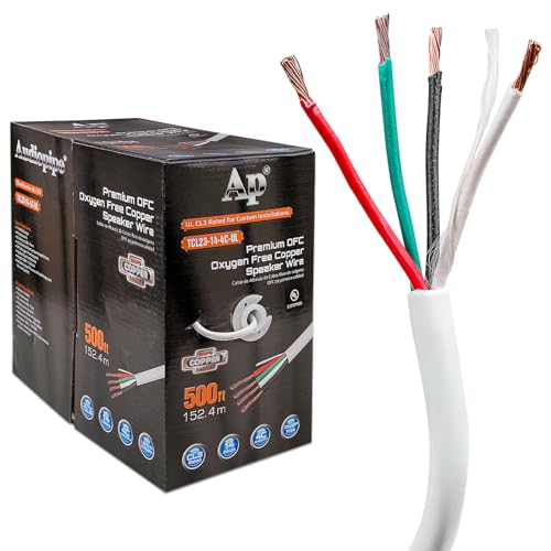 Audiopipe Premium 14 Gauge Advanced Oxygen Free Copper (OFC) Speaker Wire (TCL23-14-4C-UL), 500 Ft, Ripcord, UL CL3 Rated, PVC Jackets, 4 Conductors