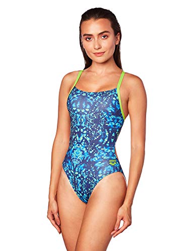 Arena Women's tie dye Challenge MaxLife Thin Strap Open Back one Piece Swimsuit, Navy/Leaf, Size 30