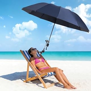 Beach Chair Umbrella with Clamp 360° Adjustable Clip On Umbrella for Camping Chair UPF 50+ UV Protection Sun Shade Portable Stroller Umbrellas for Travel, Wheelchair, Boat, Patio, Golf Cart (Blue)