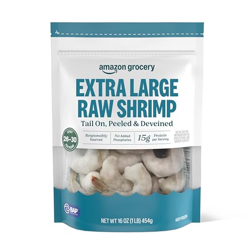 Amazon Grocery, Extra Large Raw Shrimp, Tail On, Peeled & Deveined, 16 Oz, Frozen