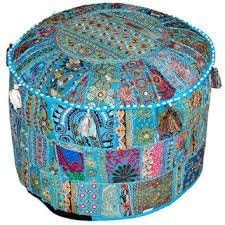 Sophia-Art Indian Living Room Pouf, Round Ottoman, Multicolor Cotton Fabric, 13x18''