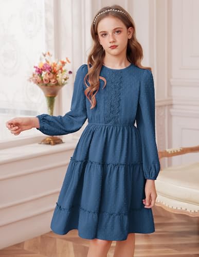 GRACE KARIN Girls Long Sleeve Fall Dress Casual Party Teen Swiss Dot Ruffle Tiered Lace Dresses for 7-14 Years4
