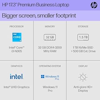 HP 17 Business Laptop, 17.3" HD+ Computer, Lifetime MS Office 2024, Copilot AI, 8-Core Intel i3 CPU, 32GB RAM, 1.5TB Storage (1TB SSD + 500GB Ext), Wi-Fi 6, HubxcelAccessory, Long Battery, Win 11 Pro