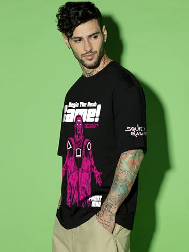 Image of Bewakoof X Squid Game Men's Cotton Graphic Print Oversized Fit Half Sleeve Round Neck T-Shirt | Casual Wear | Street Wear | Oversized t Shirt for Men Cotton | Baggy