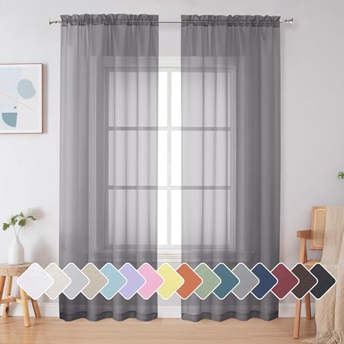 Image of Simplebrand Grey Sheer Curtains 84 Inches Long, Light Filtering Rod Pocket Solid Color Window Sheer Curtain Panels, Elegant Curtains & Drapes for Living Room 2 Panels (Charcoal Grey, 2x42x84'')