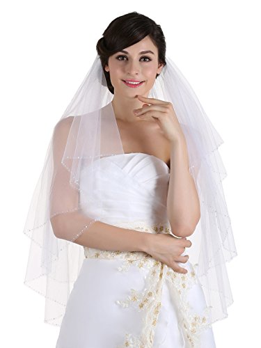 Samky 2T 2 Tier Clear Crystal Beaded Wedding Veil - White Fingertip Length 36" V316 #TOP7
