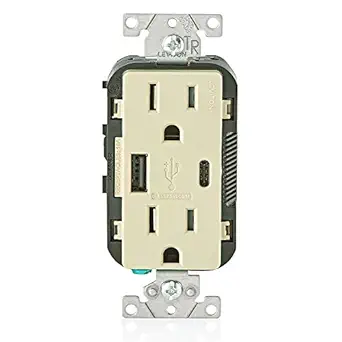 Leviton T5633-I Type A & Type-C USB In-Wall Charger with 15A Tamper-Resistant Outlet, USB Charger for Smartphones and Tablets. Not for Laptops, Ivory