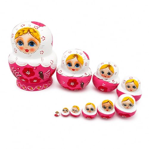 XUJIQI 10-Layer Russian Nesting Dolls, Handcrafts Satin Wood Russian Dolls Matryoshka Doll Russian Dolls for Kids for Adults Hold Items, Russian Christmas Decoration (Pink)