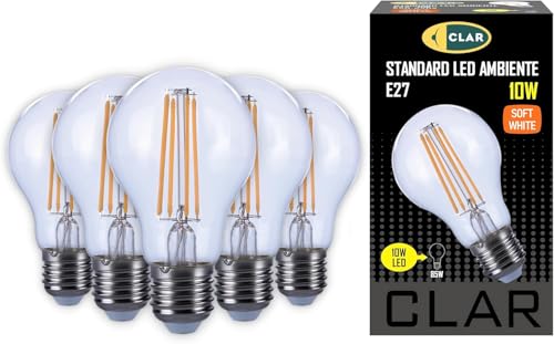 CLAR Ampoule Filament LED E27 Blanc Chaud 10W 2700K Décorative (Pack de 5)