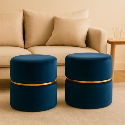 Image of Wooden Puffy Stool for Living Room Round Footstool - Ottoman Stool for Living Room Furniture Round Ottoman - Sitting Pouffe Ottoman Stool /Room Dcor /Office Stool - (Set of 2 Blue)