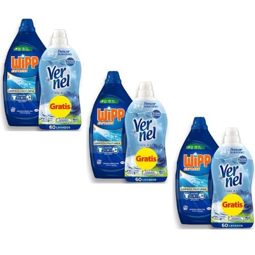 Wipp Express Limpieza Profunda Gel Azul 35 Lavados + Vernel Suavizante Concentrado 60 Lavados | Pack Ahorro 3 Duplos | Limpieza Intensa, Suavidad y Fragancia Duradera