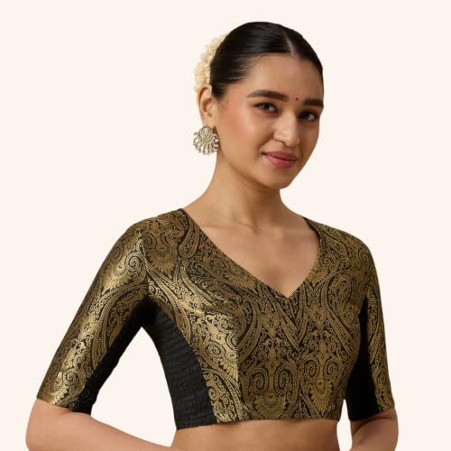 Image of Studio Shringaar Women's Brocade Side Stretch (Smocked) Readymade Saree Blouse