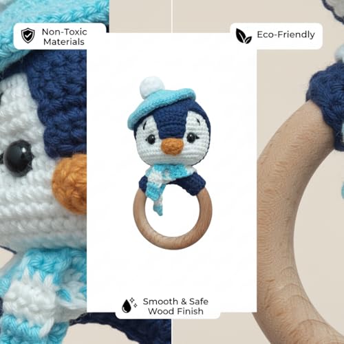 Image of Crochet Baby Teether Combo Penguin - Soft Handmade Cotton Rattle Toy with Wooden Ring for Infants - Penguin 1 PCS