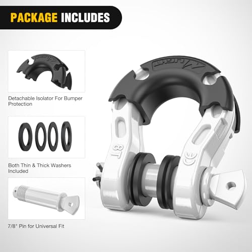 Image of Nilight Heavy Duty Mega D-Ring Shackles(2 Pack) w / 7 /8″ Screw Pin & isolators, 68,000 lb Break Strength(17,000 lb WLL), Forged Steel Off-Road Recovery Shackles for Tow Strap & Winch Gear, White