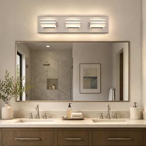 Image of 3-Light Brushed Nickel Vanity Light for Bathroom, 20 Inch 24W 5CCT Dimmable LED Fixture with Clear Acrylic Shade, Hardwired Modern Wall Light Over Mirror for Guest Bath