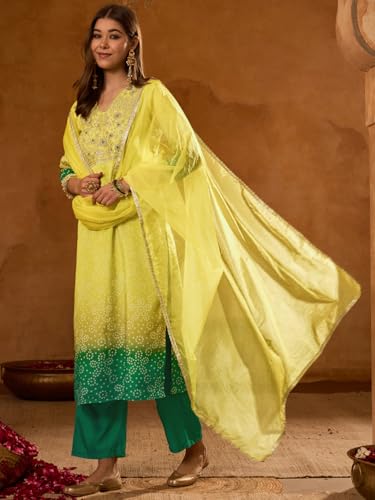 Image of Naixa Women's Lemon Chinon Embroidered Printed Straight Kurta with Green Pant | Chinon Laced Dupatta Set | 3 /4 Sleeve | V-Neck | Haldi (Available in Plus Size)