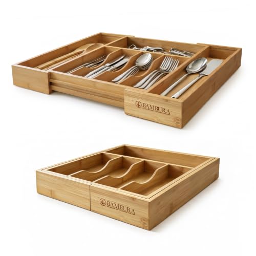 Expandable Bamboo Silverware Drawer Organizer, Utensil Holder Tray | 6 Compartments, 3 Movable Dividers, Fits 11.9-20.8 in Wide, Non-Slip Base, Cutlery & Flatware Caddy for Kitchen, Bath, Office