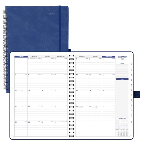 POPRUN 2026-2027 Monthly Planner A4 Size, 16 Months Calendar (Dec 2025-Mar 2027), 2 Pages per Month with Dotted & Lined Note, Monthly Tabs, Spiral Softcover, 2 Inner Pockets - Ink Blue