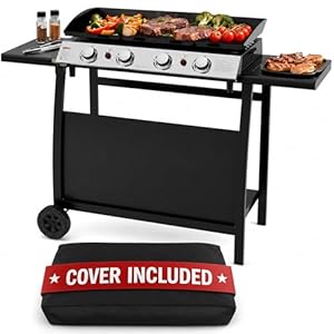 4 Burner Gas BBQ Plancha Grill 10kw Output Power with Detachable Trolley - Gas Bottle Regulator - Cover