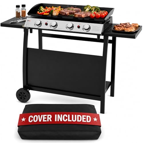 4 Burner Gas BBQ Plancha Grill 10kw Output Power with Detachable Trolley - Gas Bottle Regulator - Cover