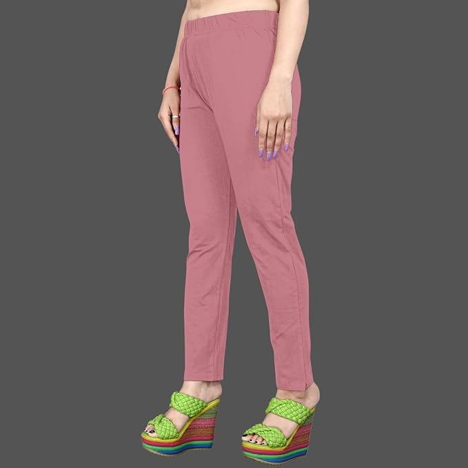 Image of Women's Solid Cotton Lycra Pants-High Waist Slim Fit Stretchable Leggings - Comfortable Long Trousers for Casual, Office & Everyday Wear