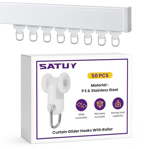 SATUY 50 Pcs Curtain Glider Track Rail Runners Heavy Duty Mute Wheel Curtain Glider Hooks with Dual Rollers for Universal Ceiling Drapes Room Dividers Shower Curtains Window Treatments