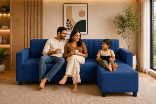 Image of 3 Seater Wooden Sofa with Ottoman | Modern Sofa Set for Living Room | Stylish Home Furniture Sofa with Comfortable Seating-Blue
