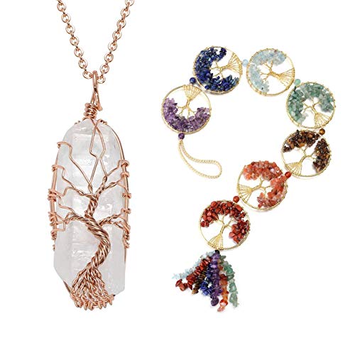Top Plaza Bundle  2 Items: Healing Crystal Gemstone Necklace Rose Gold Tree of Life Wire Wrapped Clear Quartz Point Pendant & 7 Chakra Stones Reiki Healing Crystals Tree of Life Hanging Ornament