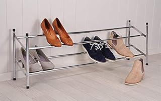 HI Regał na buty – wysuwany – szerokość regulowana w zakresie 62 – 117 cm – chromowana półka na buty srebrna