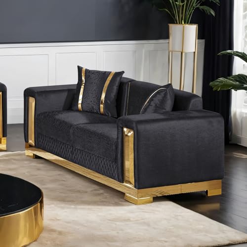 Image of Furniture of America Samison II Glam Solid Wood Upholstered Loveseat with Accent Pillows, Damask Pattern and Gold Base, Soft Couch for Living Room, Bedroom, Office, Black