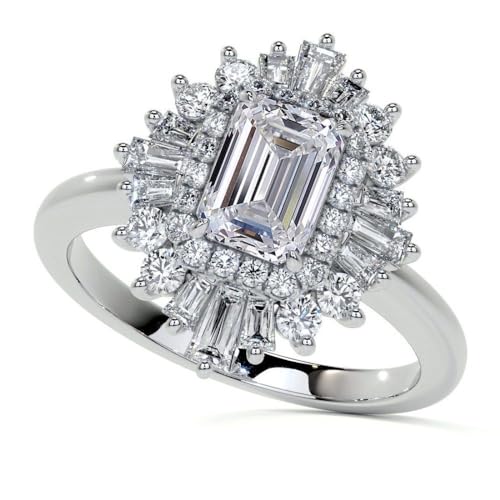 Pretty 1.95 Ct Emerald, Round & Baguette Cut Halo Diamond Wedding Ring In 14k White Gold Finish 925 Sterling Silver