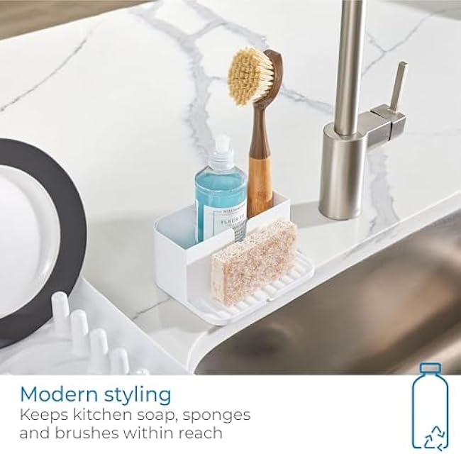 iDesign Kitchen Sink Caddy for Countertop with Sponge Holder and Drain Spout - White