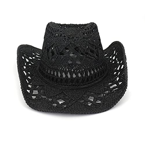 Sombrero de Cowboy de Paja Hombre Mujer Sombrero de Vaquero Occidental Cowgirl Hat Gorras de Sol Anti-UV Panamá Sombrero de Playa Sombrero de Cowboy Plegable ala Ancha (Negro)