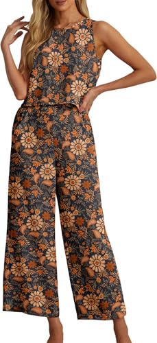 IWOLLENCE Women's Summer 2 Piece Outfits Set Round neck Sleeveless Tank Crop Top Wide Leg pants Set Pockets Jumpsuits Navy Blue Paisley XL