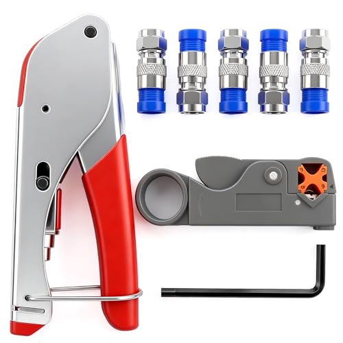 Image of mxuteuk RG59 RG6 Coax Cable Crimper Tool Coaxial Compression Tool Fitting Wire Stripper With 5PCS F Type RG6 Compression Connectors