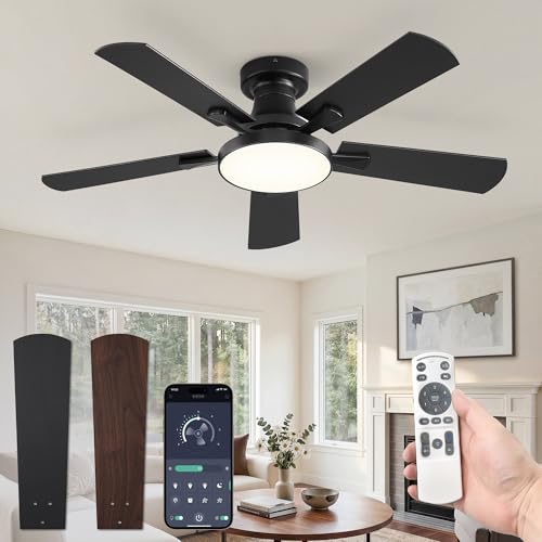 ZMISHIBO 42 Inch Flush Mount Ceiling Fan with Light, Remote&APP, Black