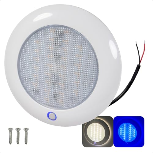 Five Oceans LED Interior Dome Ceiling Light, 5-Inch Round, Warm White & Blue, 12V, IP67 Waterproof, Surface Mount Interior Light for Pontoon, Boats, RVs - FO4880