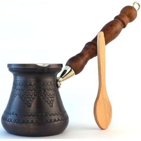 DEDE Copper - PCZ Series (Medium-10 fl.oz) Thickest Solid Copper Engraved Turkish Greek Arabic Coffee Pot with Wooden Handle, Stovetop Coffee Maker Cezve Jezve Jazva Ibrik Briki (Antique Copper) Cover