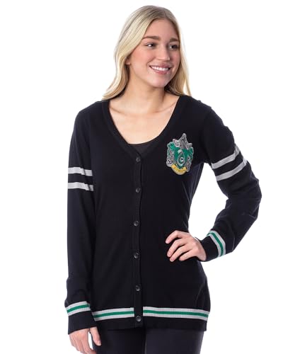 Harry Potter Womens Slytherin House Crest Open Front Cardigan Juniors Knit Sweater (X-Small)
